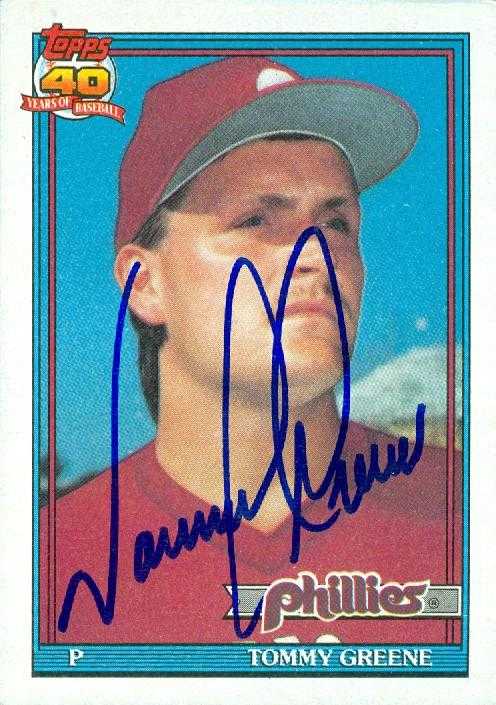 Tommy Greene Autographed Baseball Card Philadelphia Phillies 1991